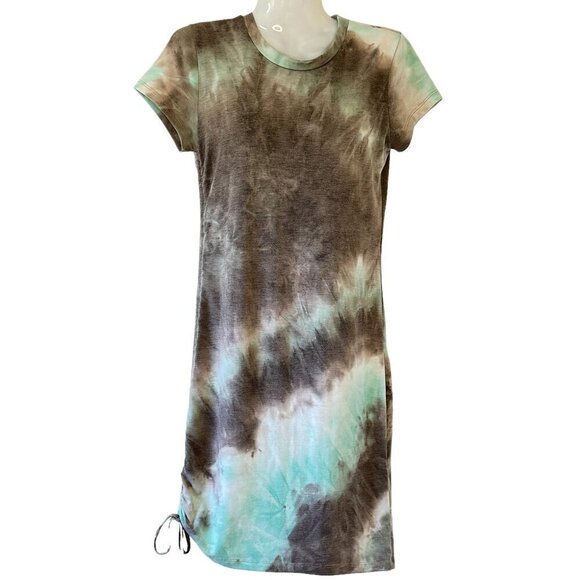 Pretty Garbage Tie Dye T-Shirt Mini Dress Purple Teal White Rouching at Side   S - Picture 1 of 8